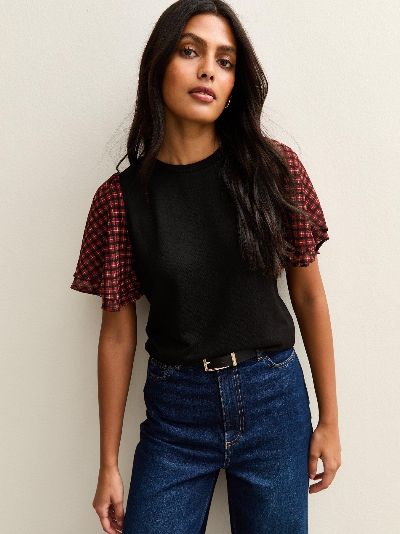 New Look Soft Touch Checked Sleeve Top - Black