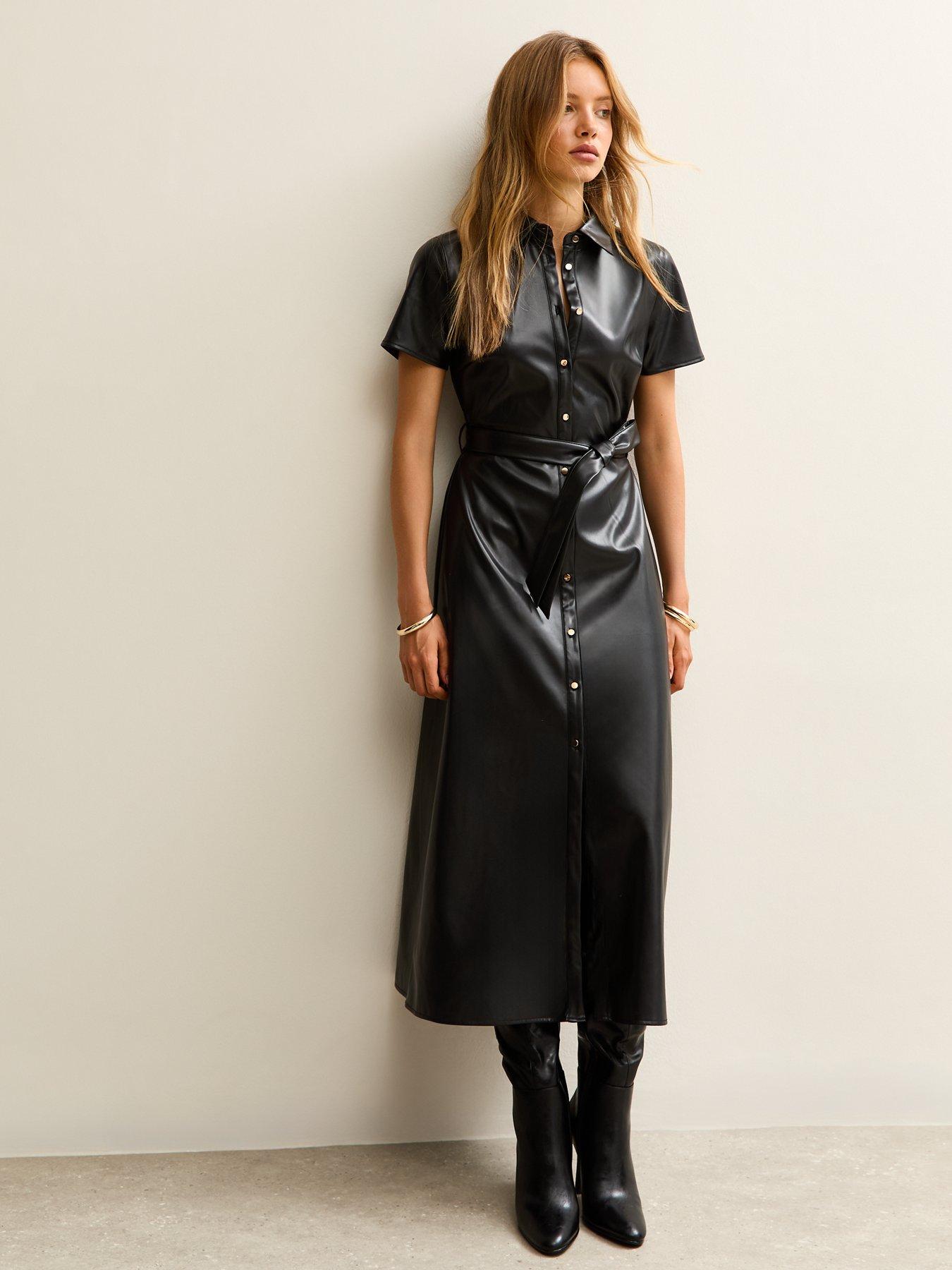 New Look Black Faux Leather Short Sleeve Midi Shirt Dress