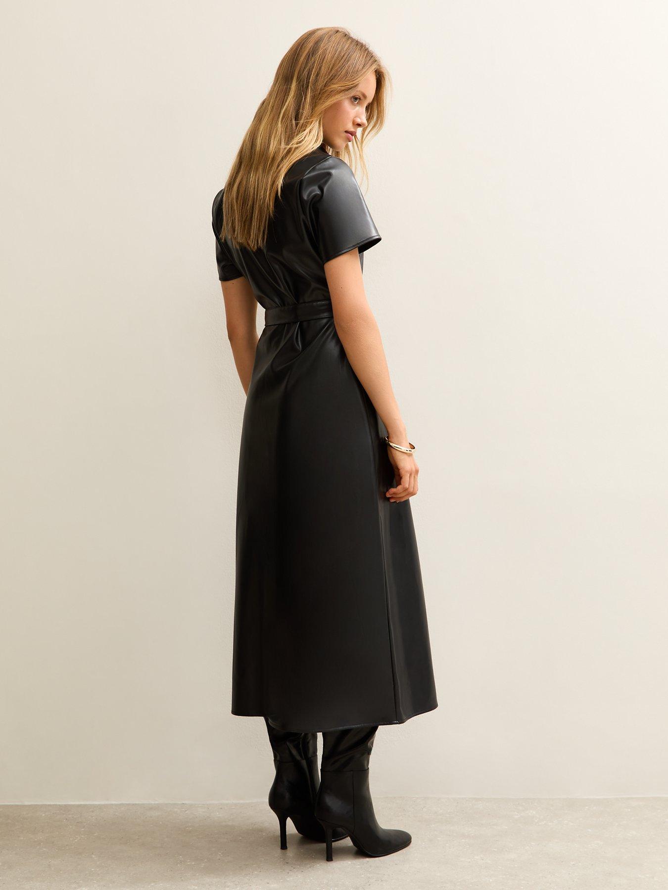 New Look Black Faux Leather Short Sleeve Midi Shirt Dress | Very Ireland