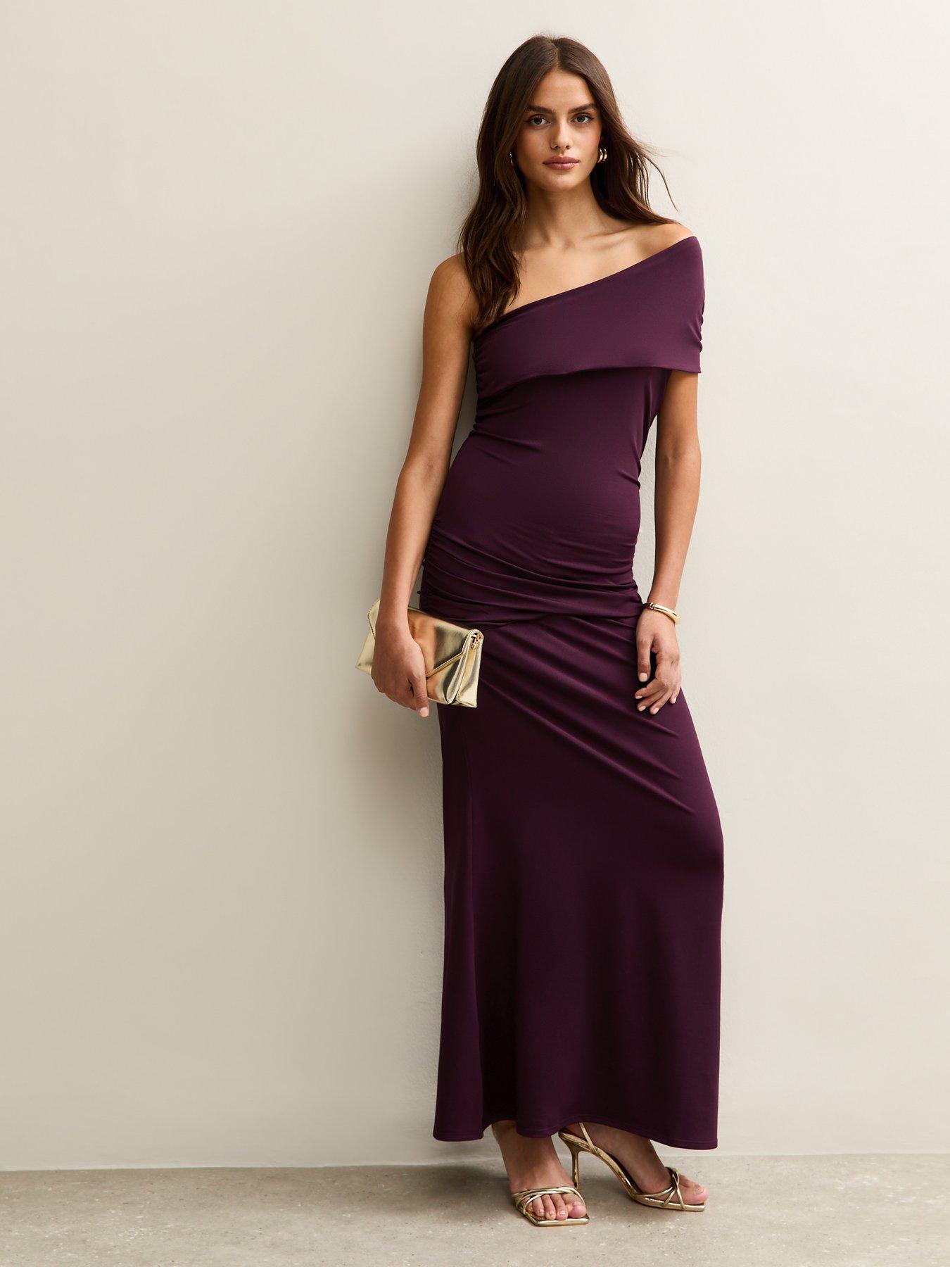 New Look Dark Burgundy One Shoulder Ruched Maxi Dress