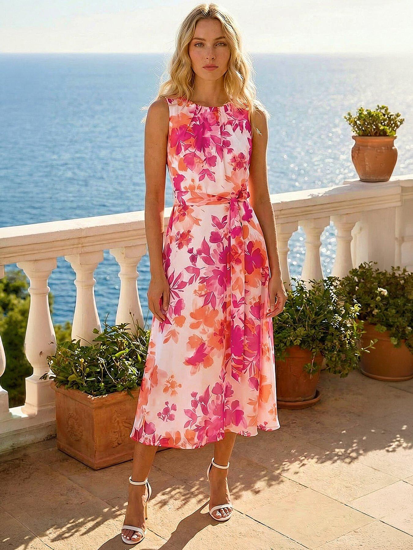 Roman Floral Pleated Neck Midi Dress - Pink