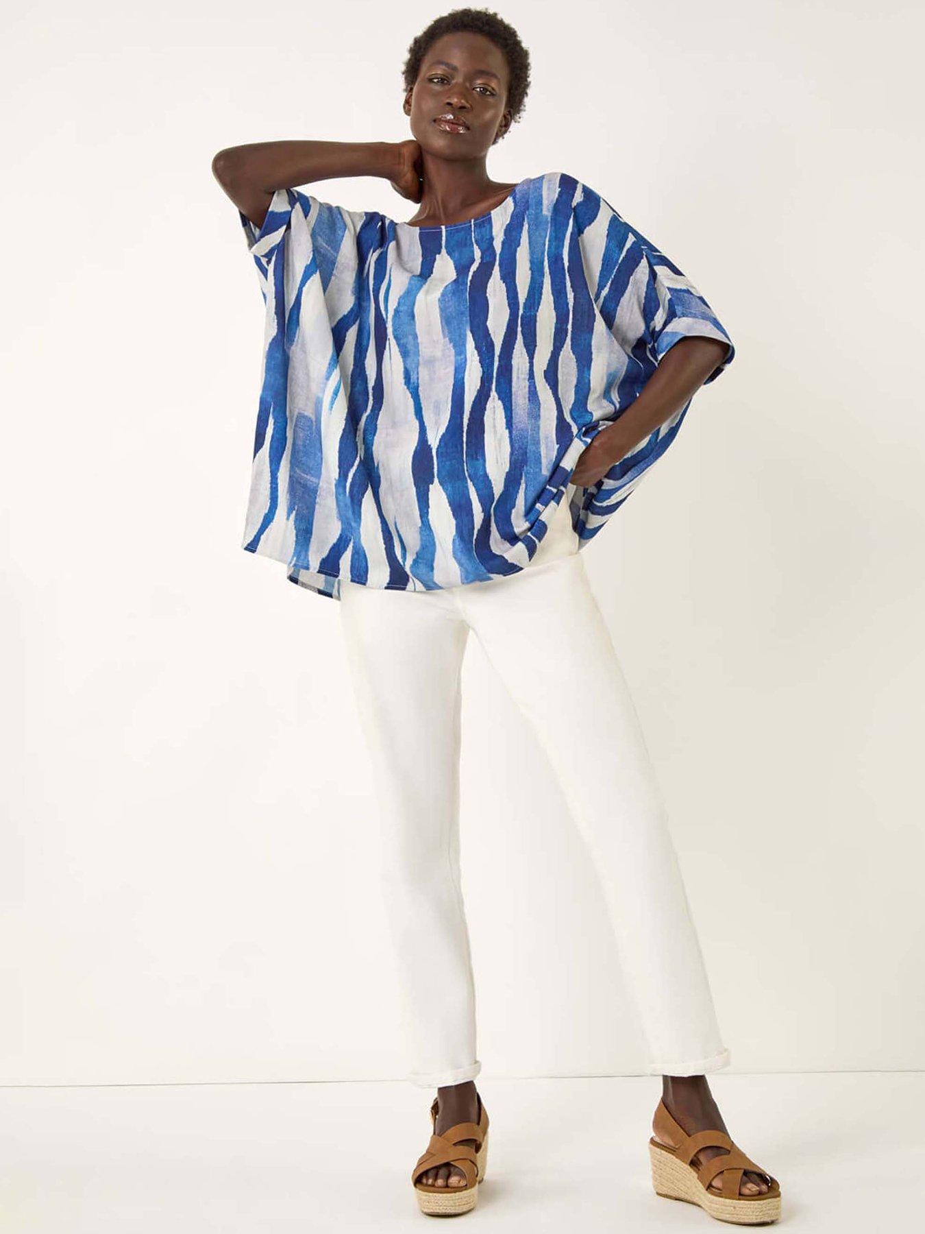 Image 3 of 5 of Roman Abstract Print Buttoned Tunic Top - Blue