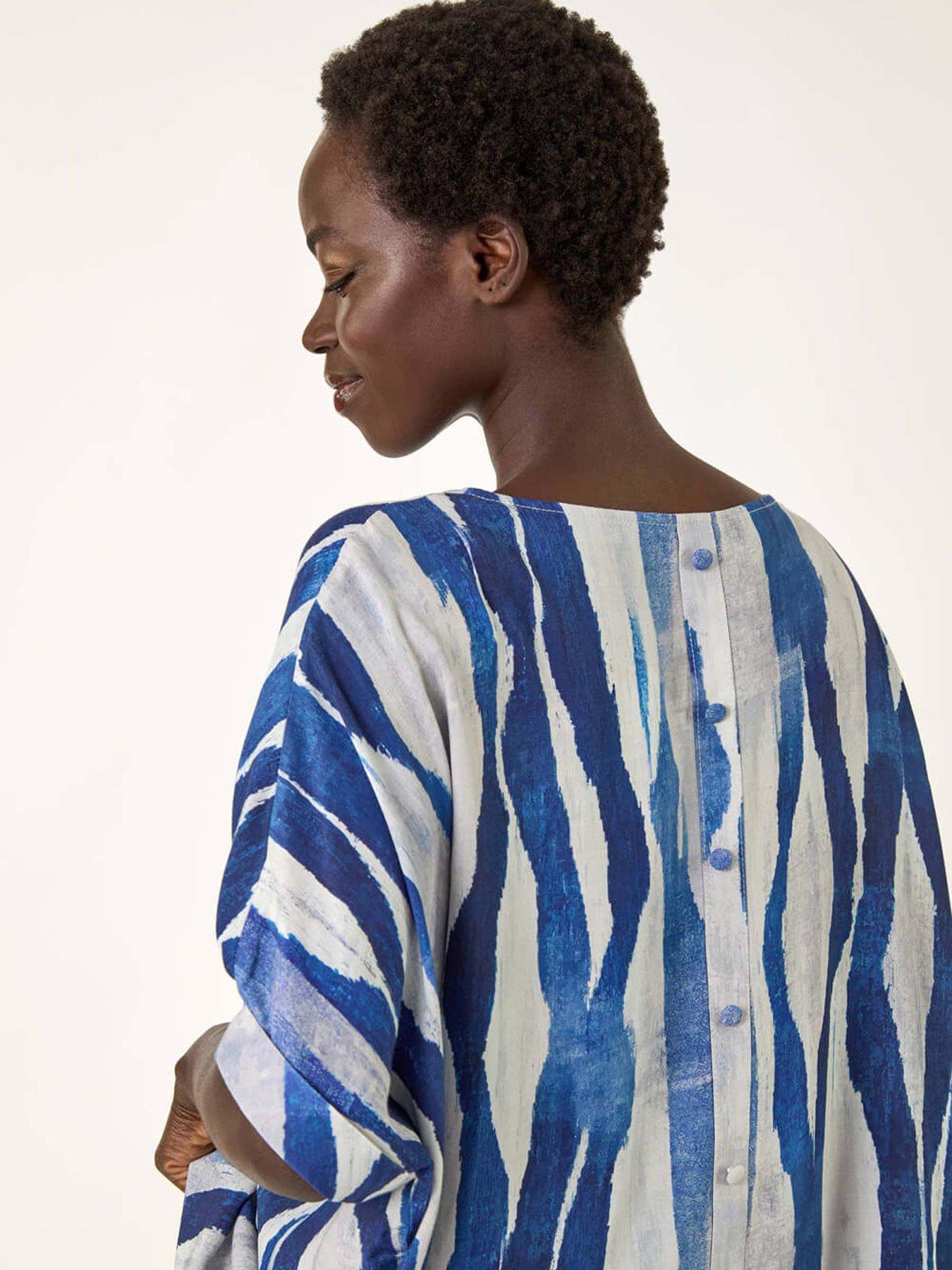 Image 4 of 5 of Roman Abstract Print Buttoned Tunic Top - Blue