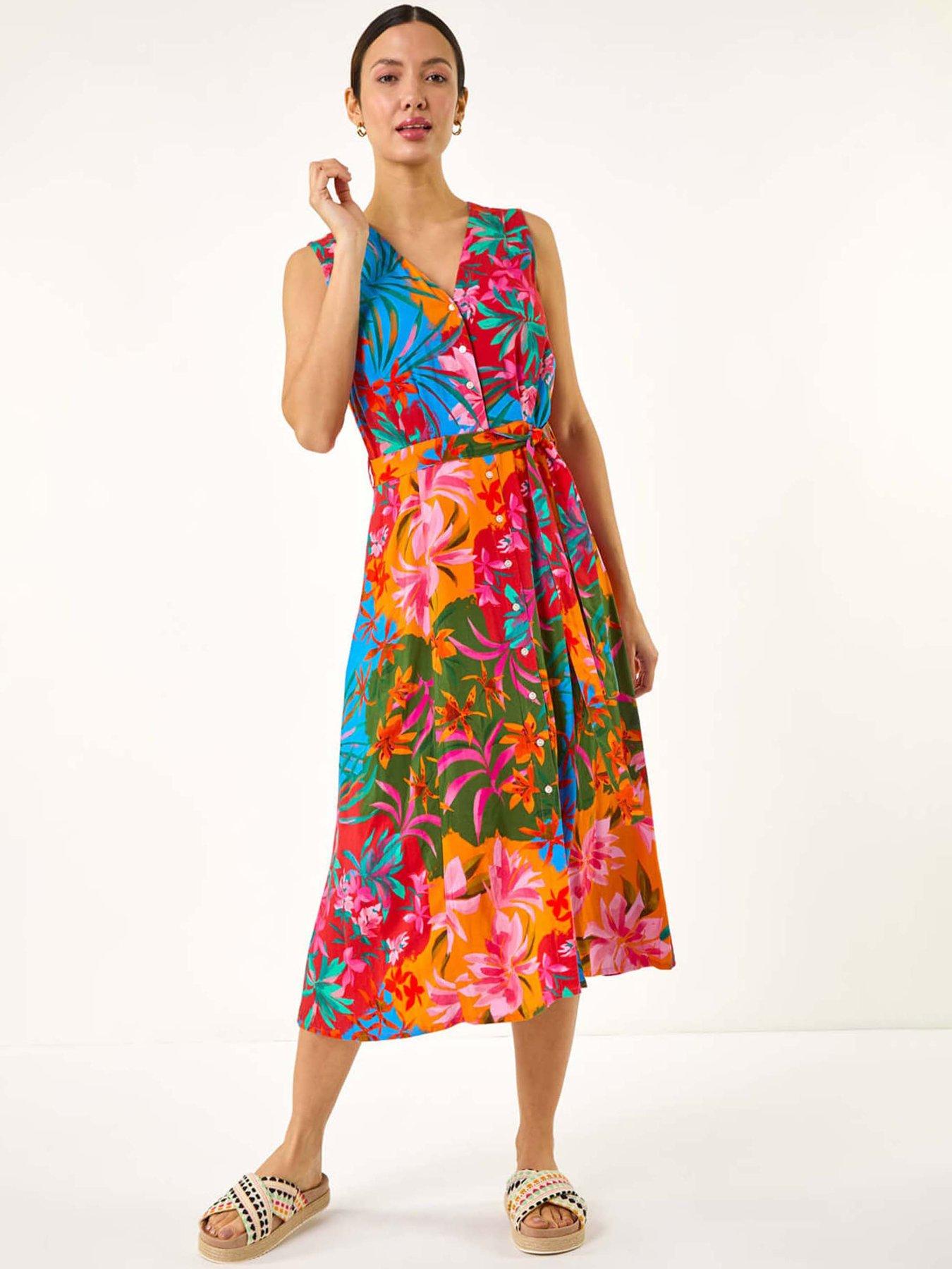 Roman Tropical Print Button Through Midi Dress - Orange