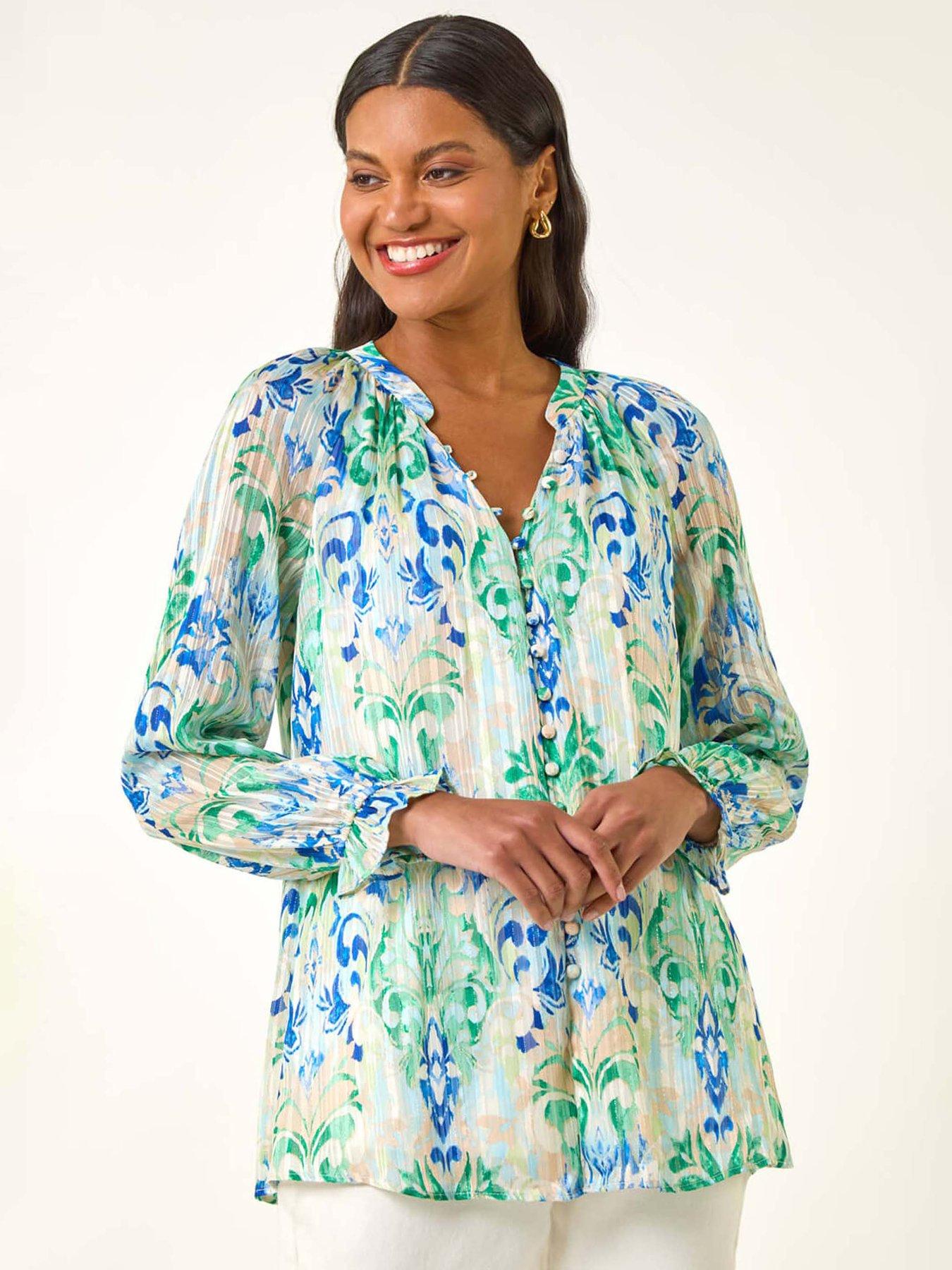 Roman Printed Metallic Button Blouse - Blue