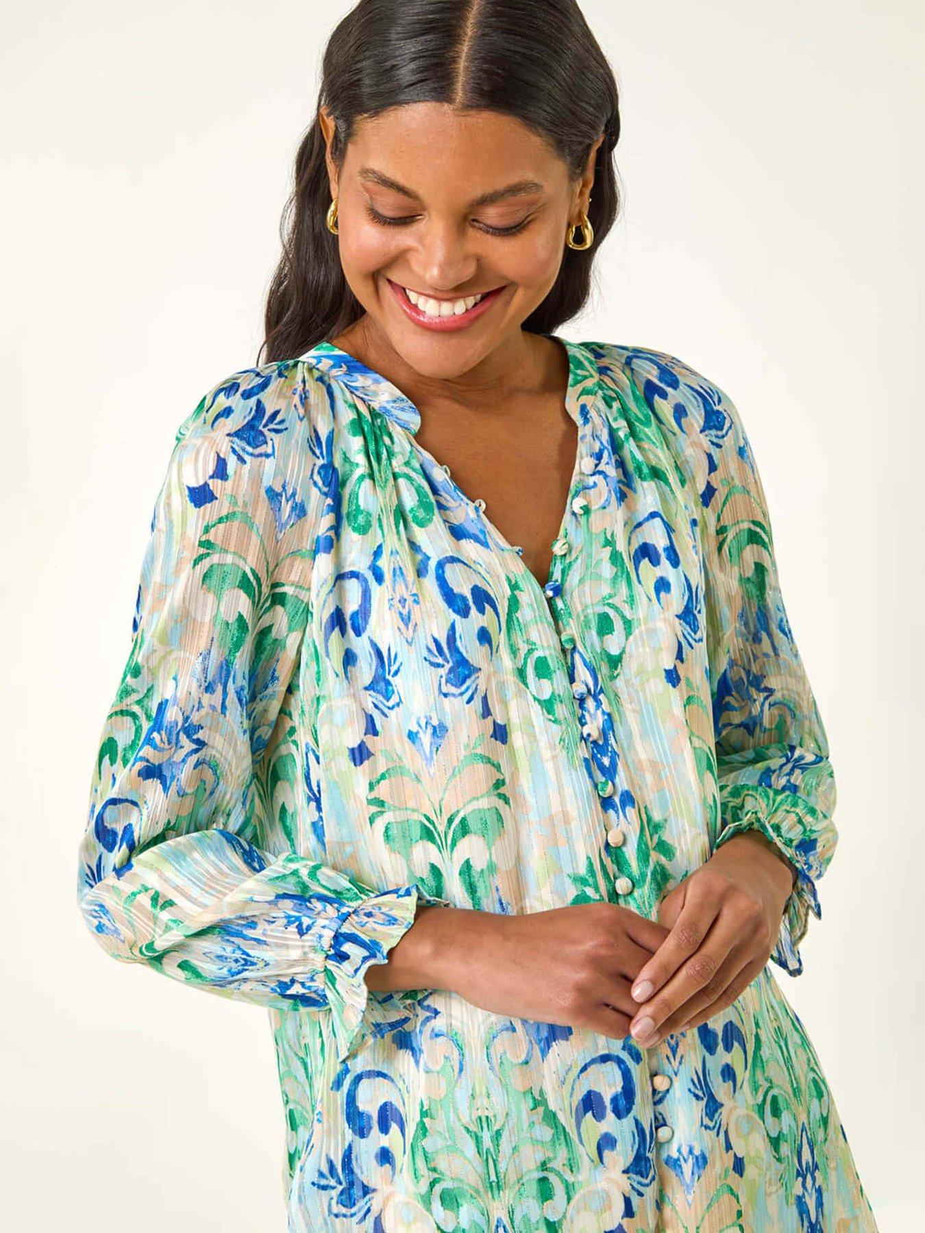 roman-printed-metallic-button-blouse-blueoutfit