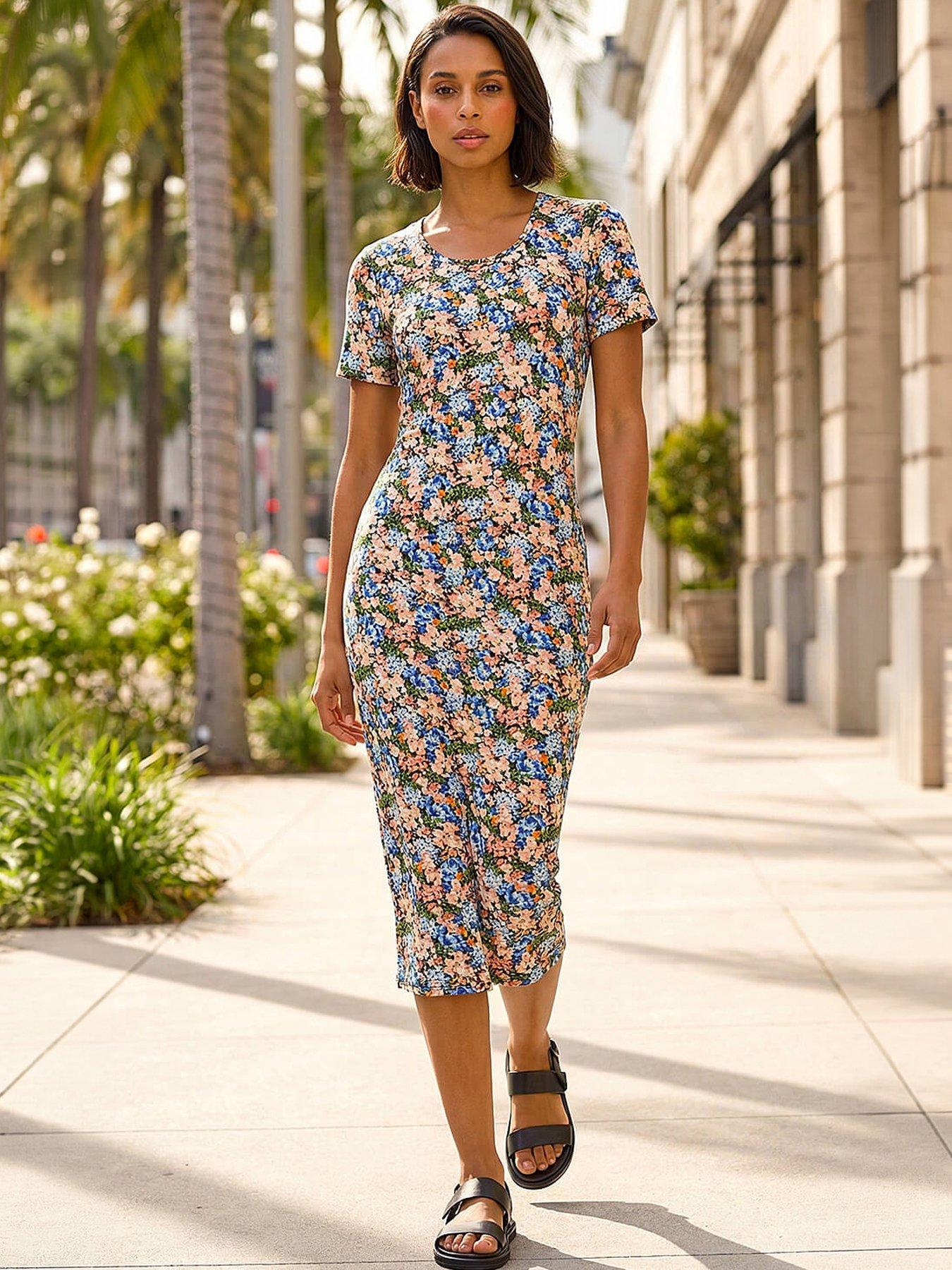 Roman Dusk Floral Print Stretch Midi Dress - Blue