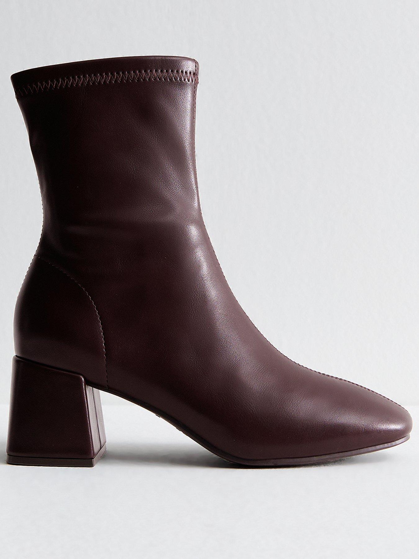 New Look Faux Leather Block Heel Ankle Boots - Dark Burgundy Red