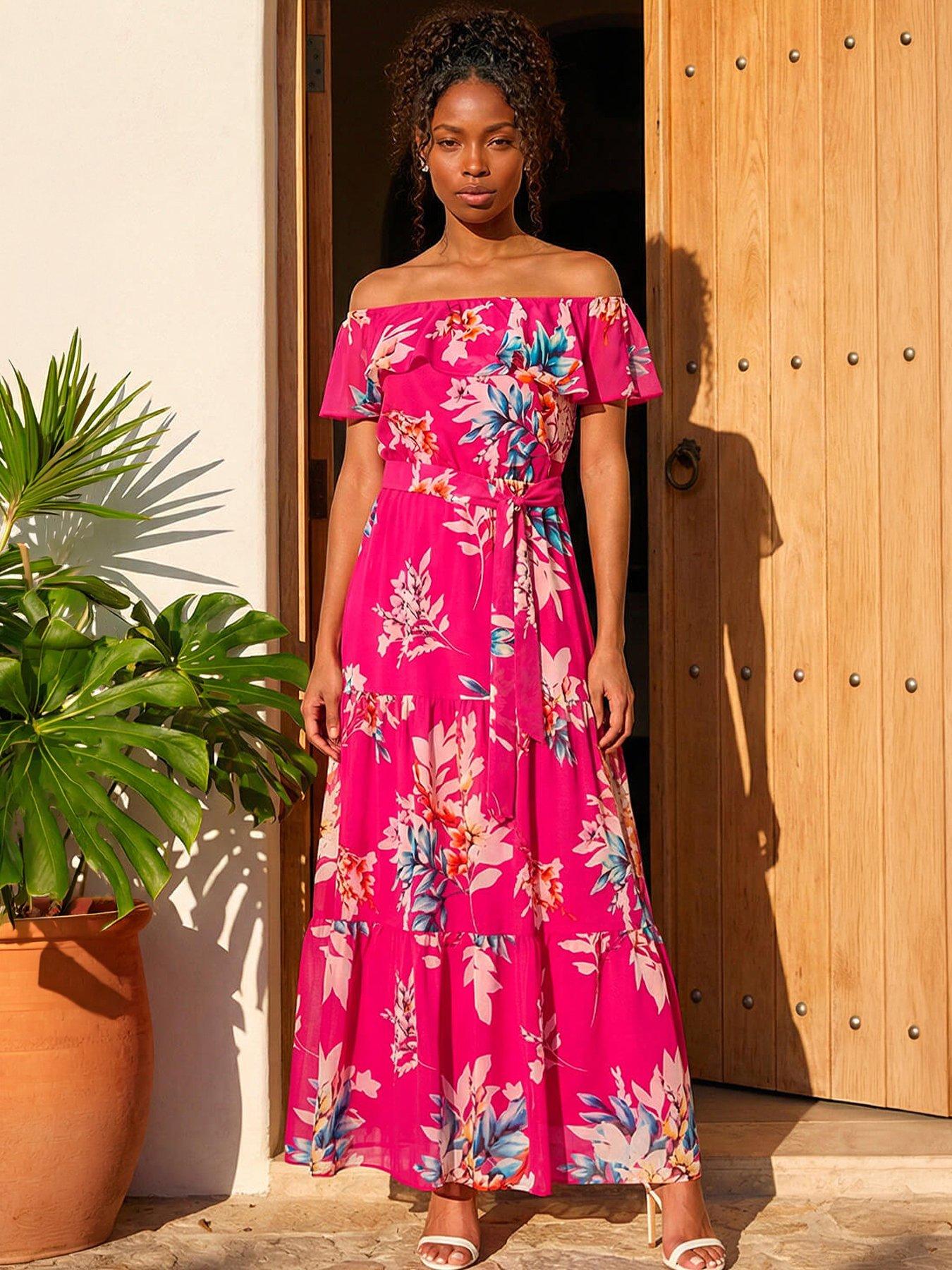 Roman Floral Print Bardot Belted Maxi Dress - Pink