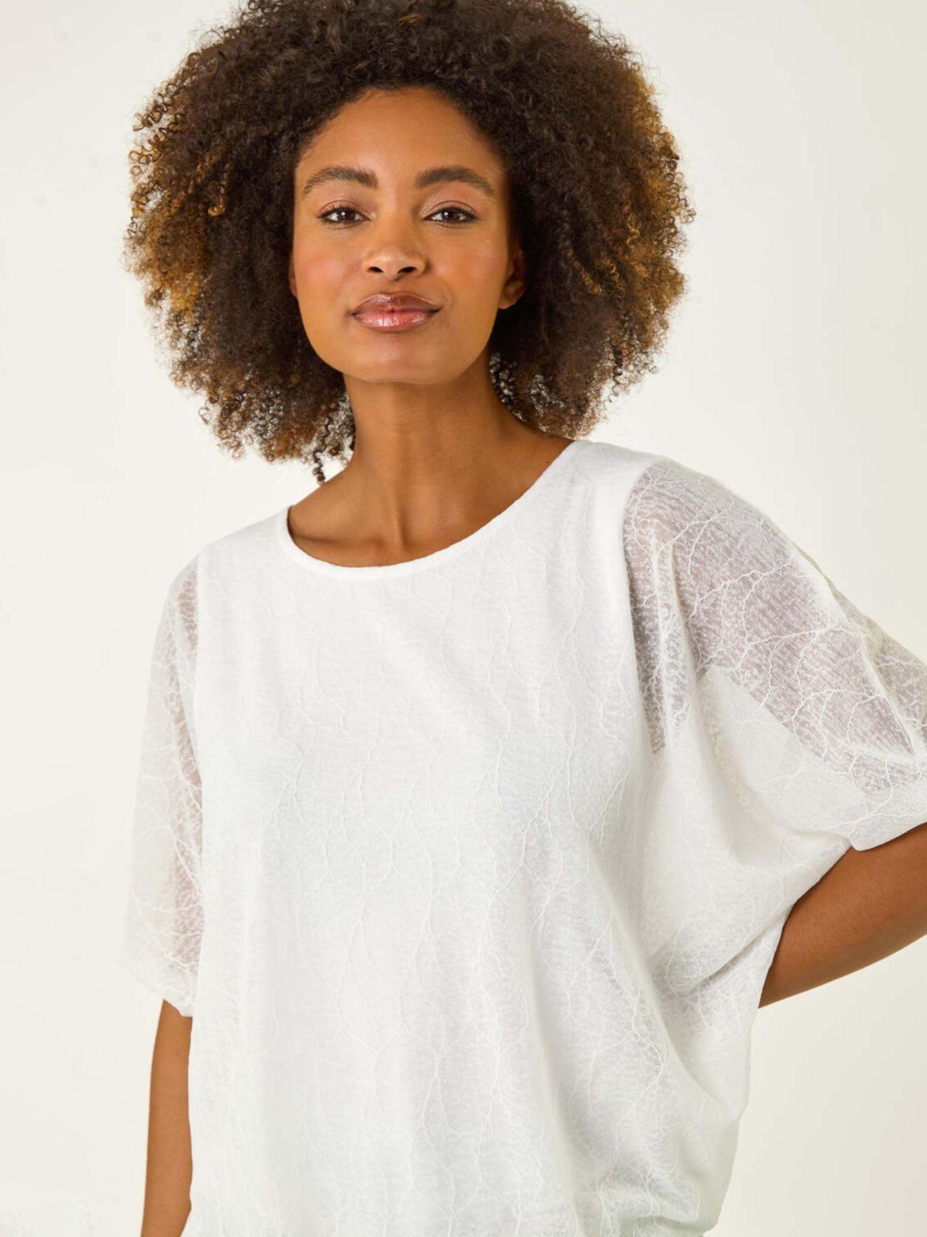 Image 4 of 5 of Roman Mesh Bubble Hem Top - Ivory