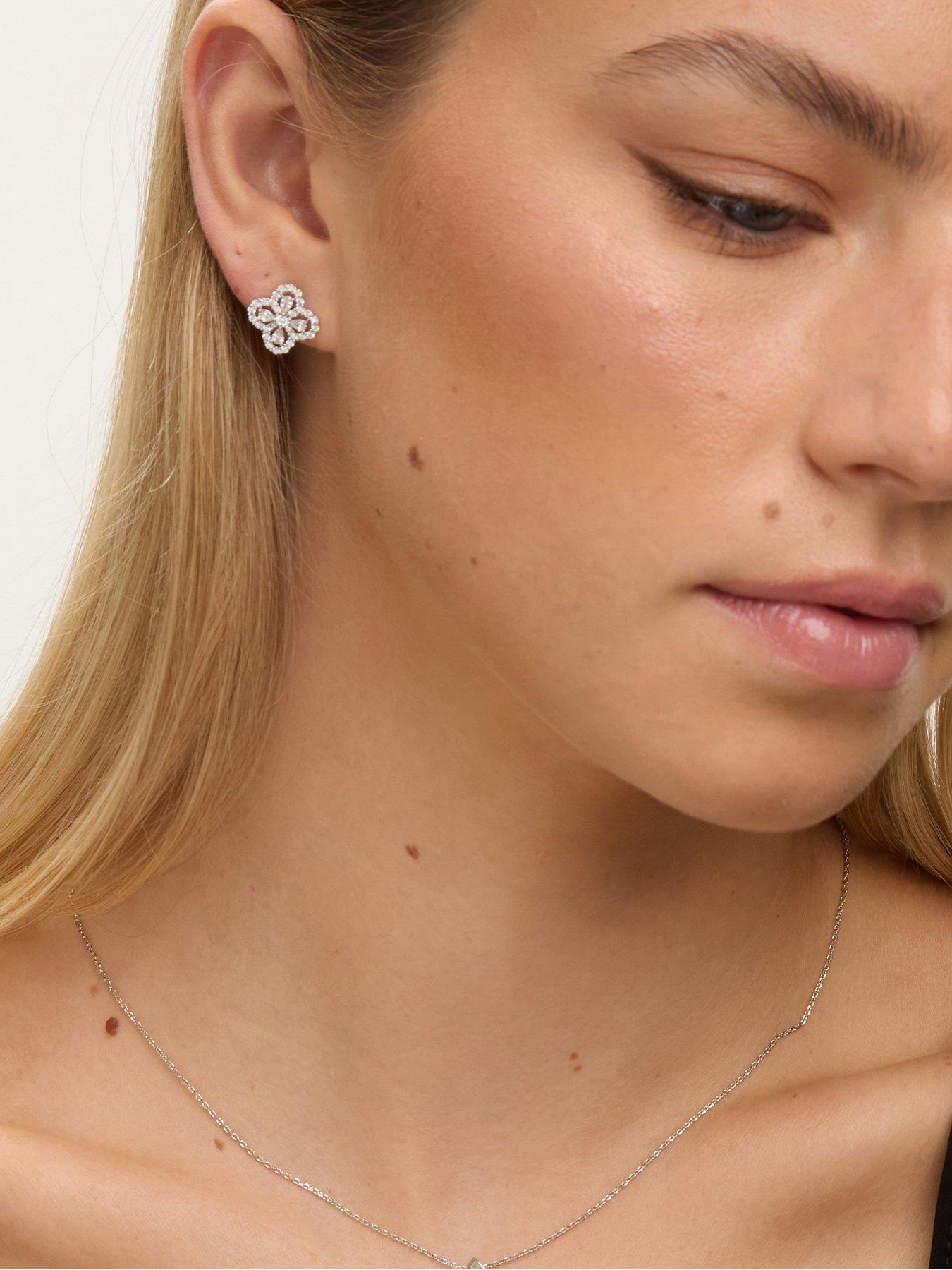 Jon Richard Jon Richard Rhodium Plated and Cubic Zirconia Clover Stud Earrings - Gift Box
