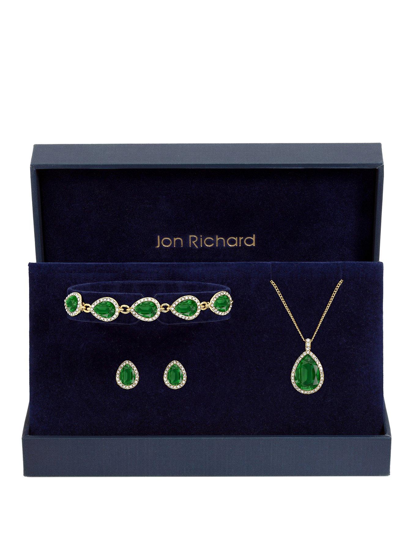 Jon Richard Gold Plated and Emerald Pear Drop Trio Set - Gift Box
