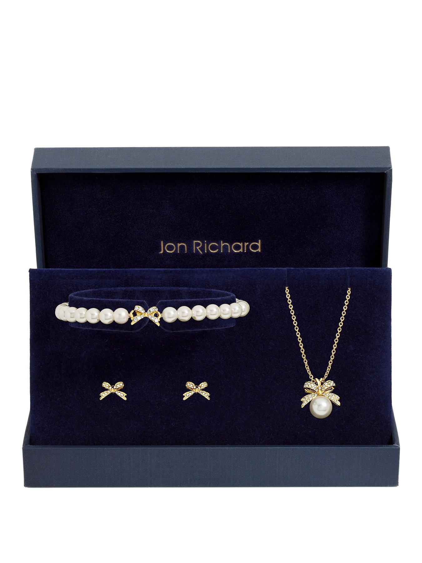 Jon Richard Gold Plated Pearl and Crystal Bow Trio Set - Gift Box
