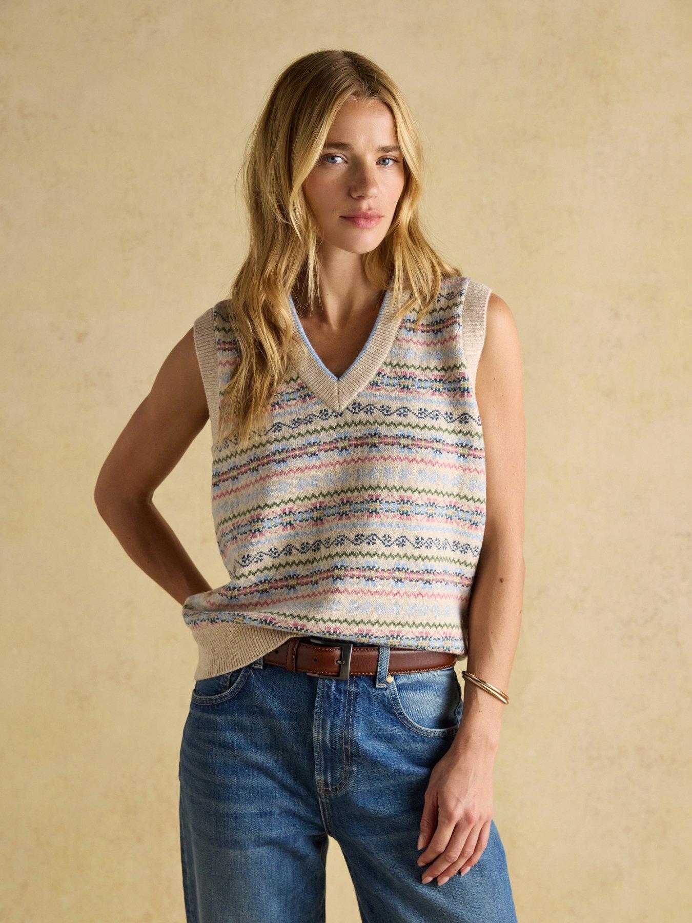 Joules V Neck Fairisle Cotton Rich Vest - Cream