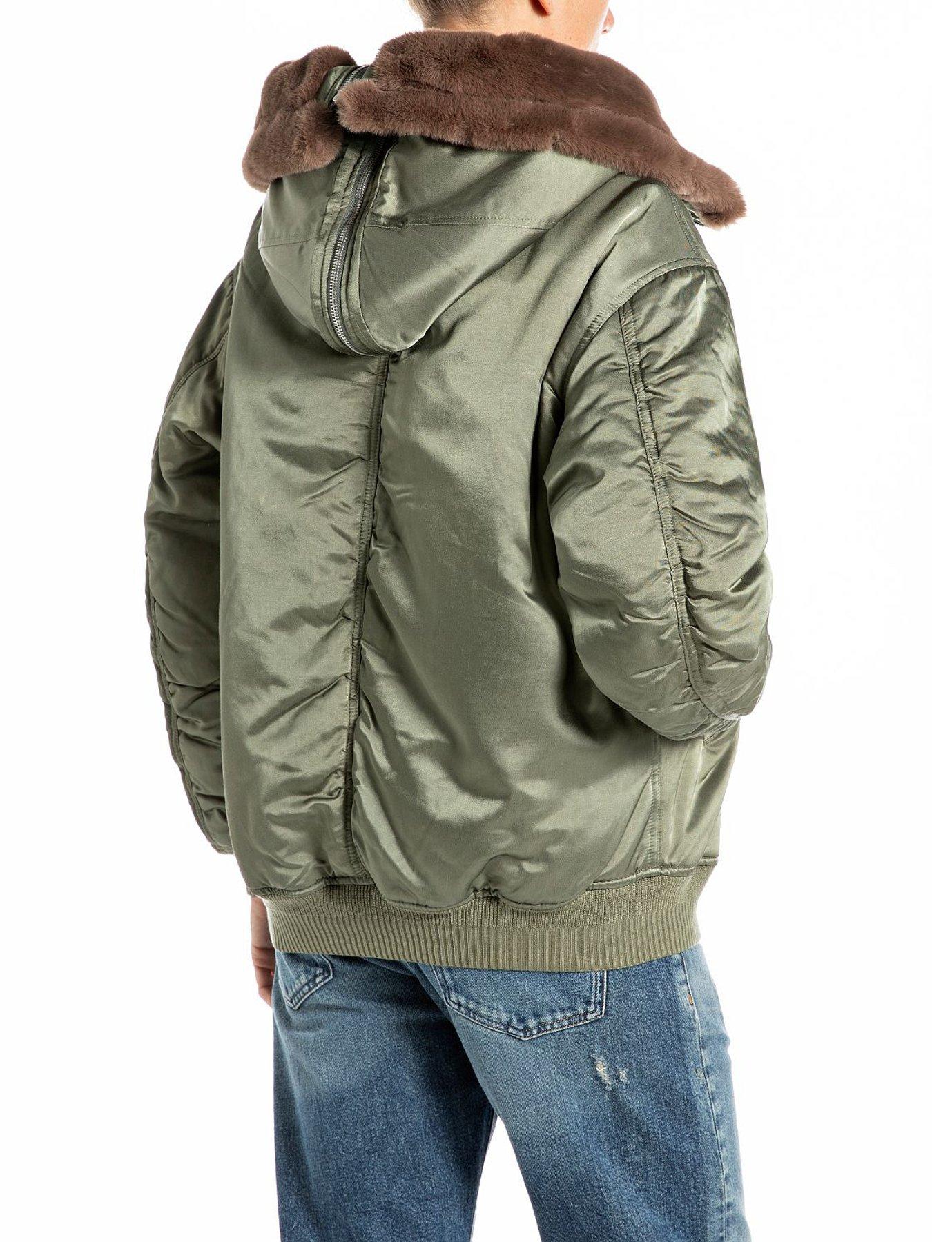 Image 2 of 3 of Replay Short Fur Hooded Bomber - Green