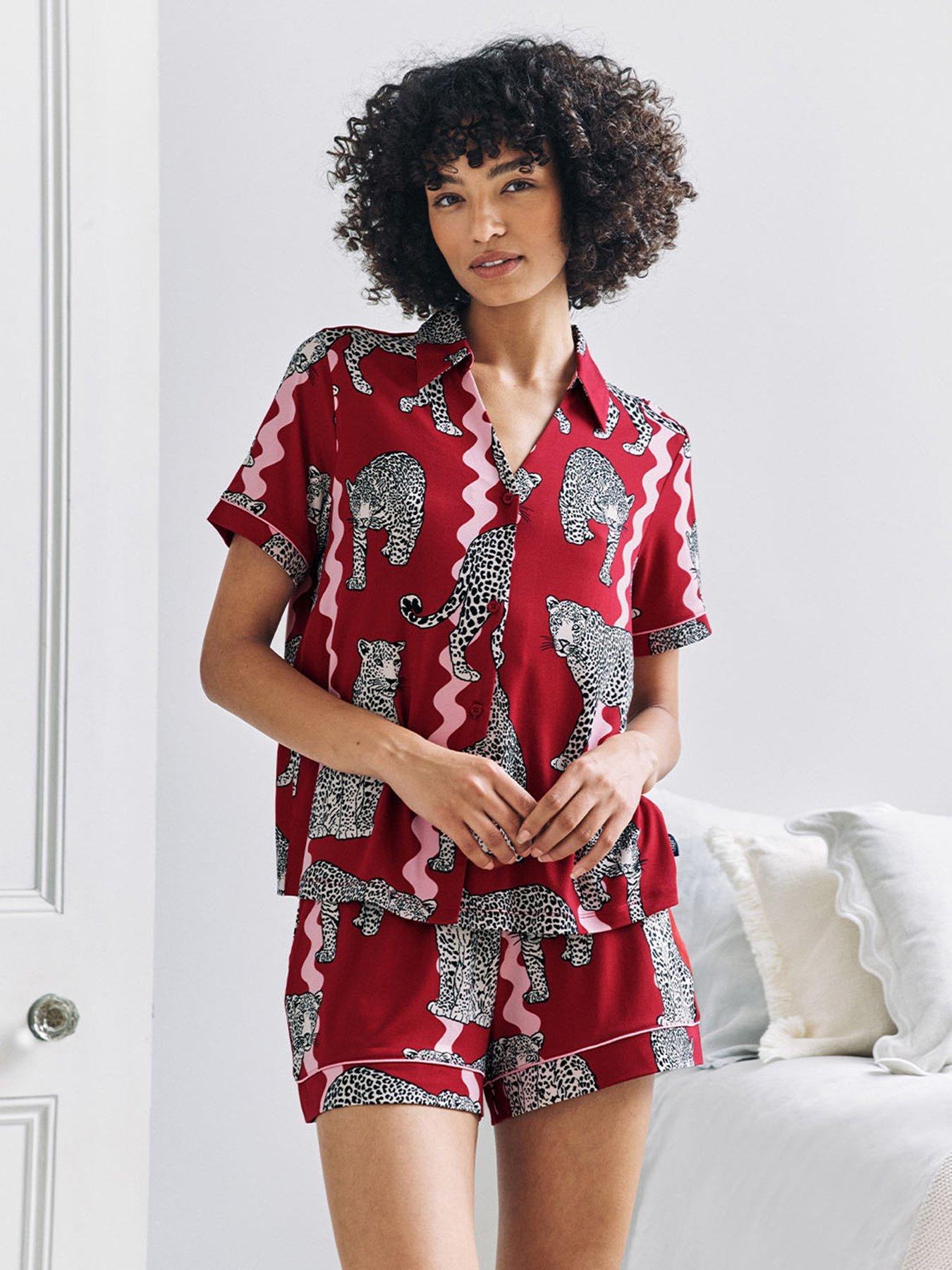 Image 1 of 6 of CHELSEA PEERS Short Printed Button Up Pyjama Set - Red