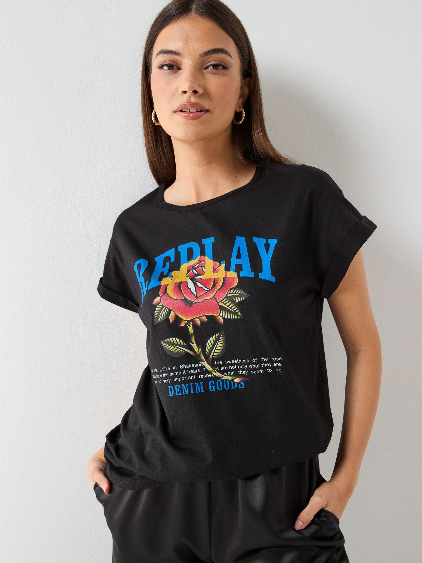 replay-rose-logo-print-t-shirt-black