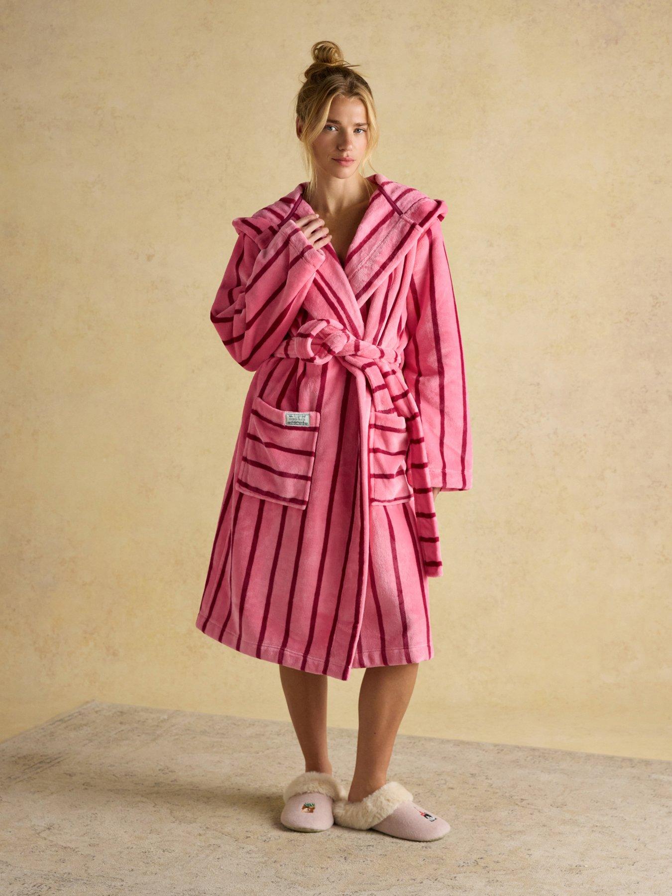 Joules Fleece Dressing Gown with Hood - Pink