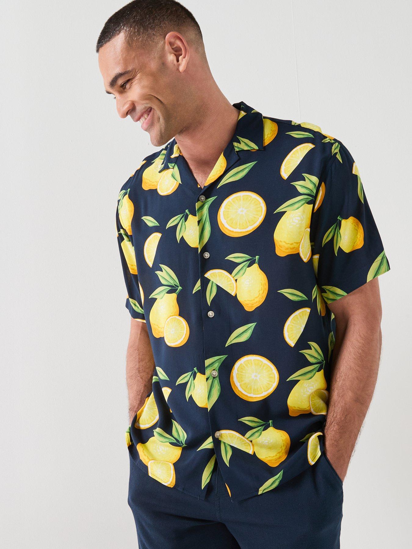 Jack & Jones Lemon Print Short Sleeve Resort Shirt - Navy Blazer