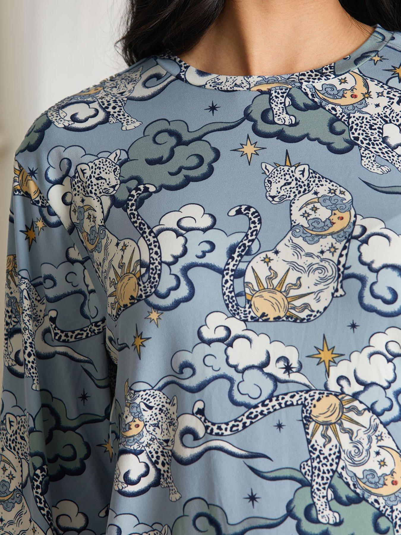 Image 5 of 5 of CHELSEA PEERS Classic Long Sleeve Crew Neck Set In Polyester - Blue