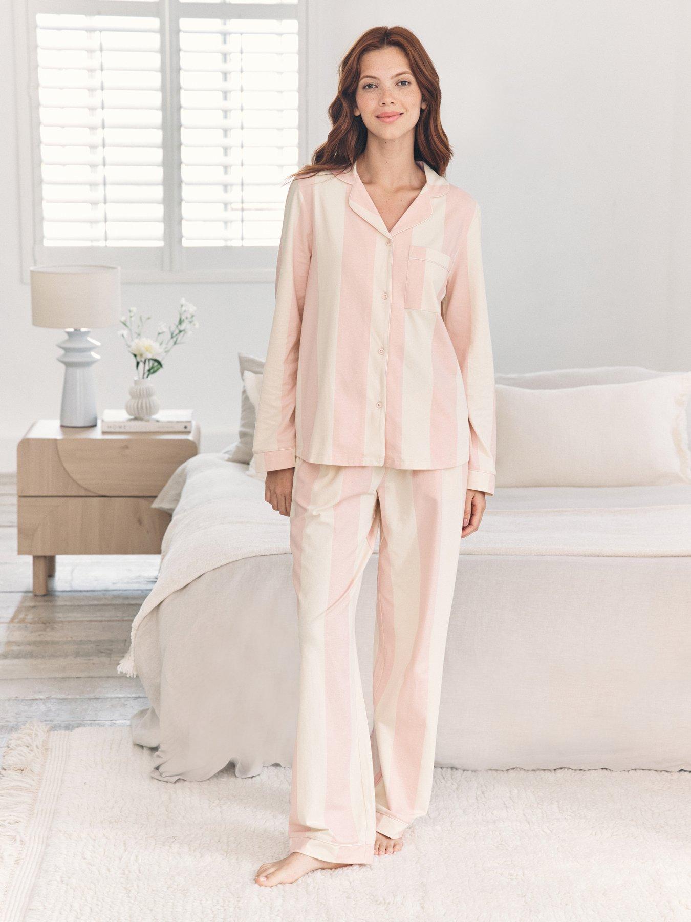 CHELSEA PEERS Classic Long Button Up Striped Pyjama Set In Cotton - White/Pink