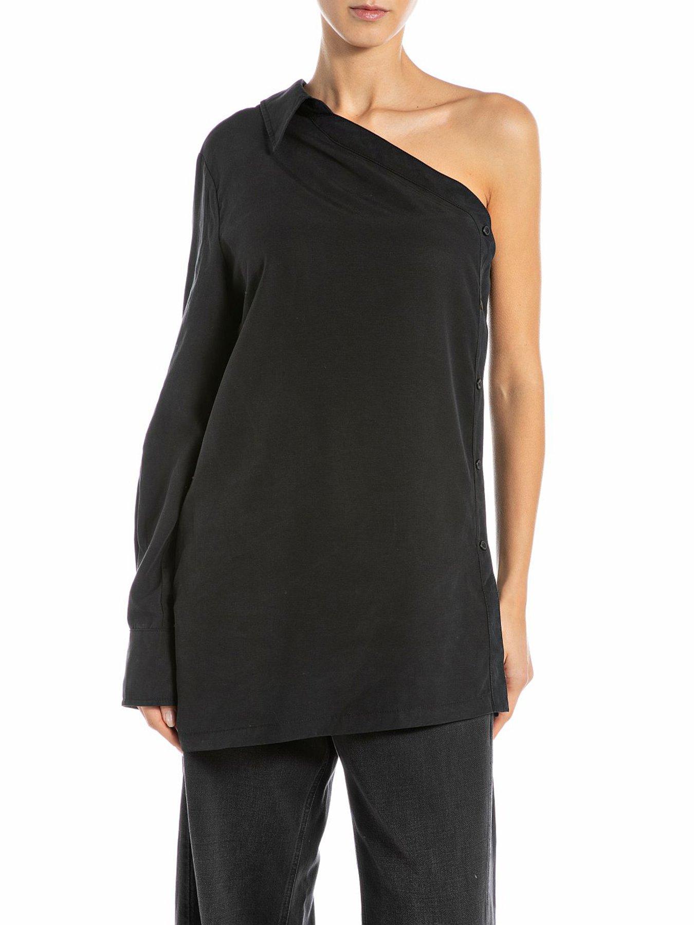 replay-one-shoulder-linen-blend-blouse-black