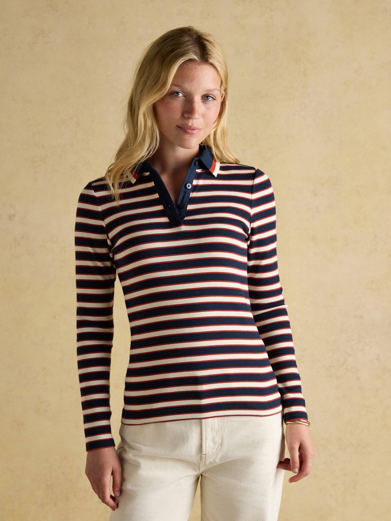 Joules Ribbed Long Sleeve Striped Polo Shirt - Navy/Red