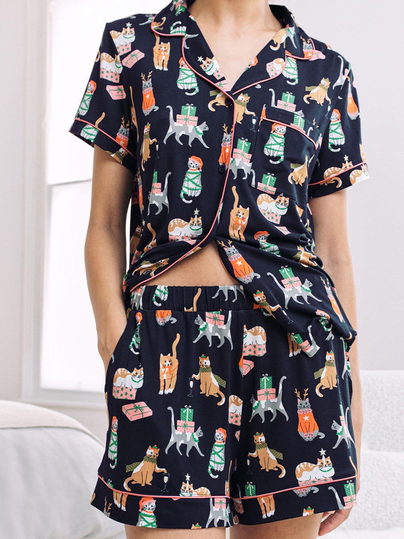 chelsea-peers-short-button-up-christmas-cat-pyjama-set-dark-blueback