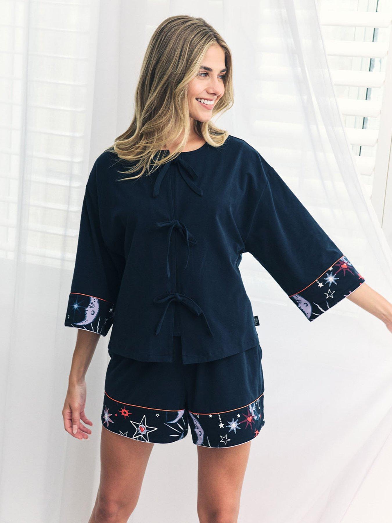 CHELSEA PEERS Tie Front Kimono Sleeve With Boxer Short Set - Navy