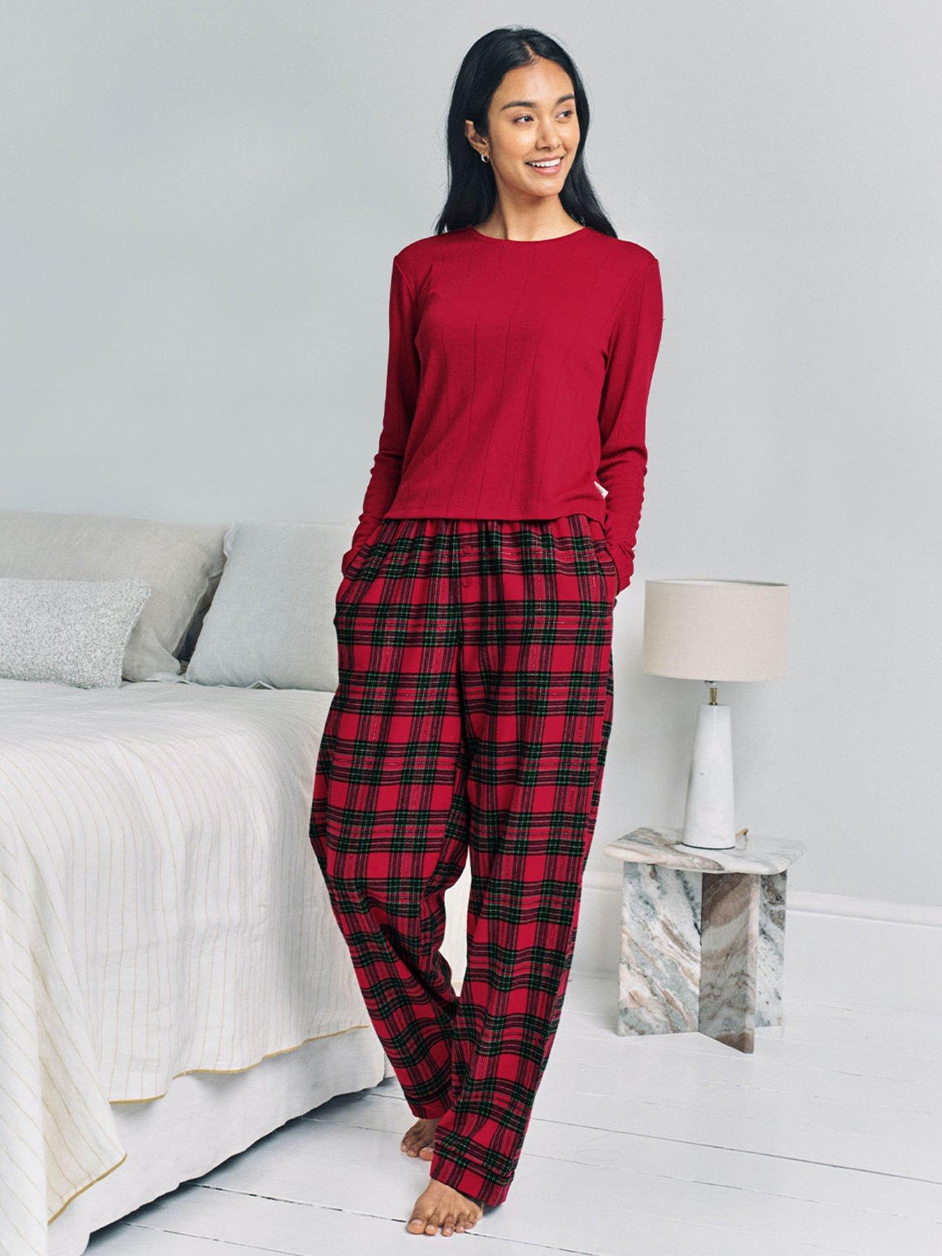 chelsea-peers-long-sleeve-top-with-tartan-trouser-pyjama-set-red