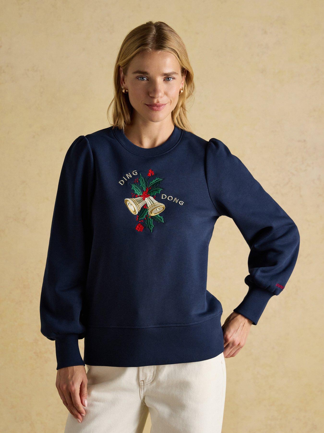 Joules Festive Embroidered Cotton Rich Sweat - Navy