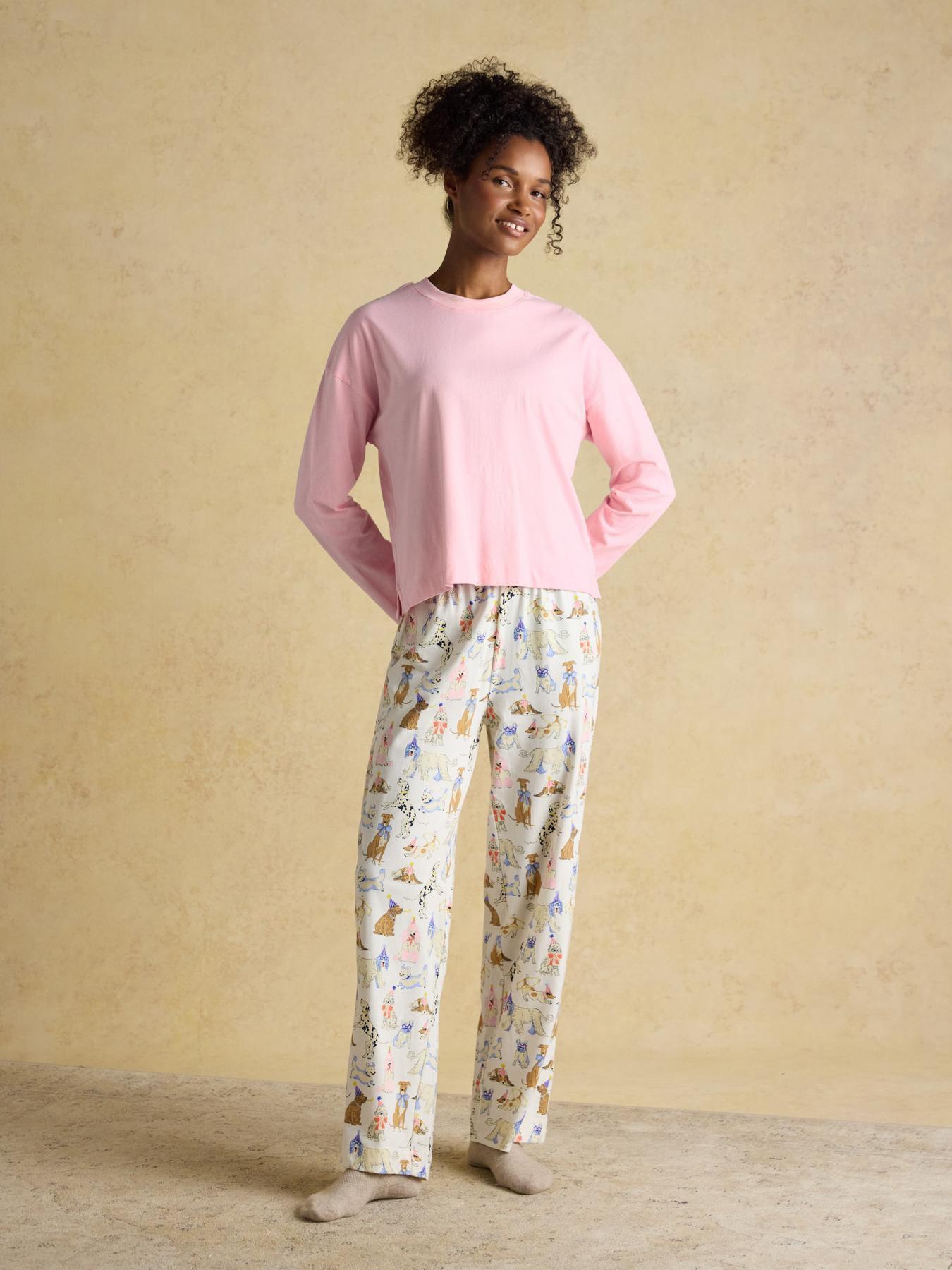 Joules Lyla Party Dogs Long Sleeve Jersey Cotton Pyjama Set - Pink/Cream