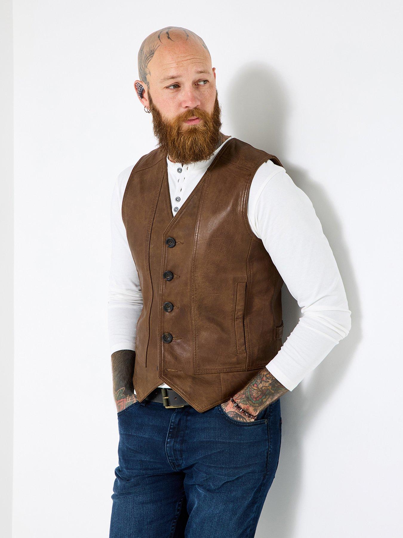 Image 1 of 6 of Joe Browns Button-Up Leather Waistcoat - Brown