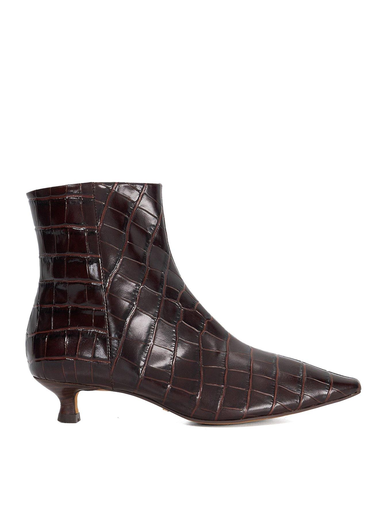 dune-london-odore-leather-croc-kitten-heel-ankle-boot-brownstillFront