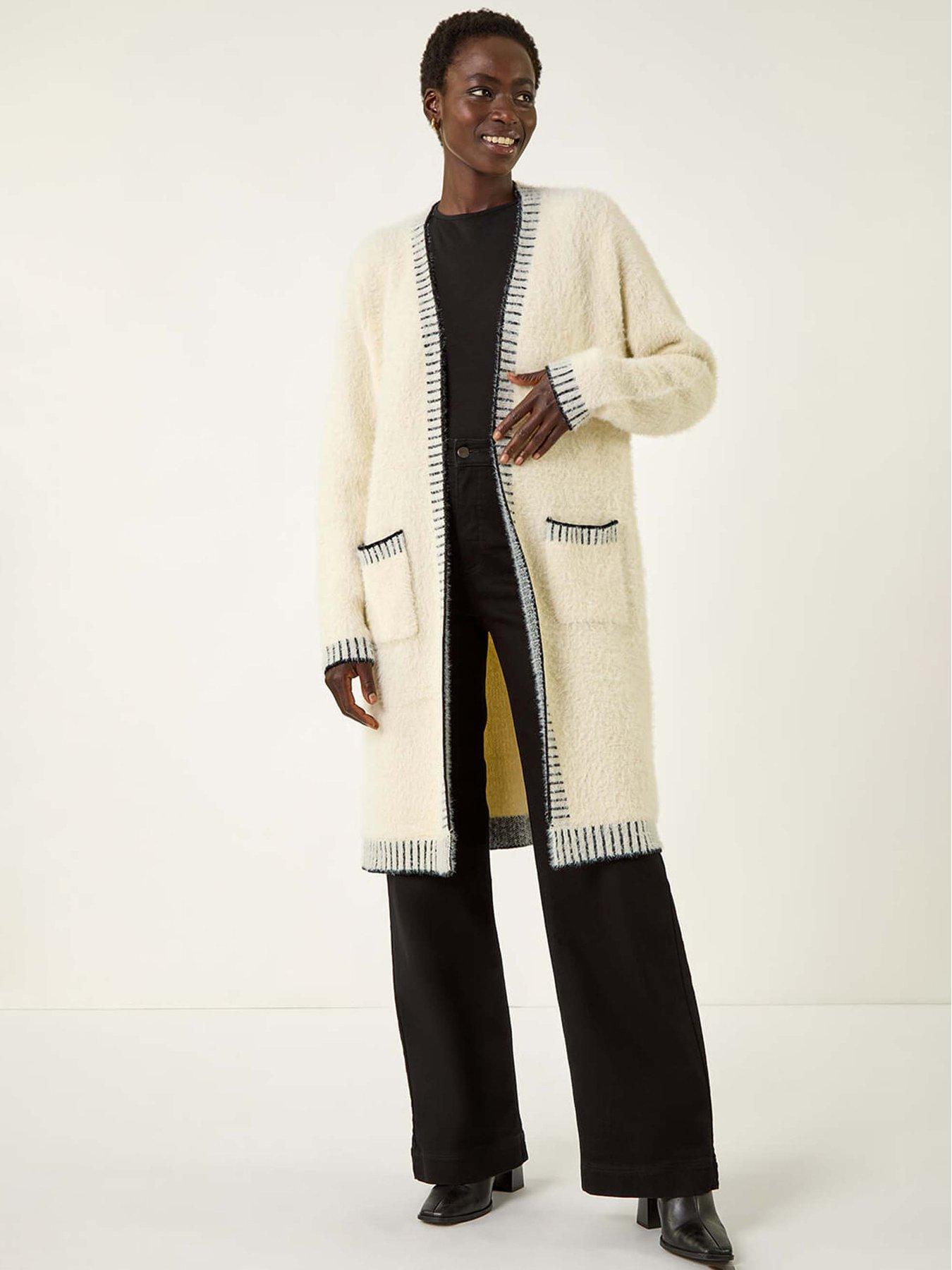 Roman Contrast Stitch Longline Cardigan - Beige