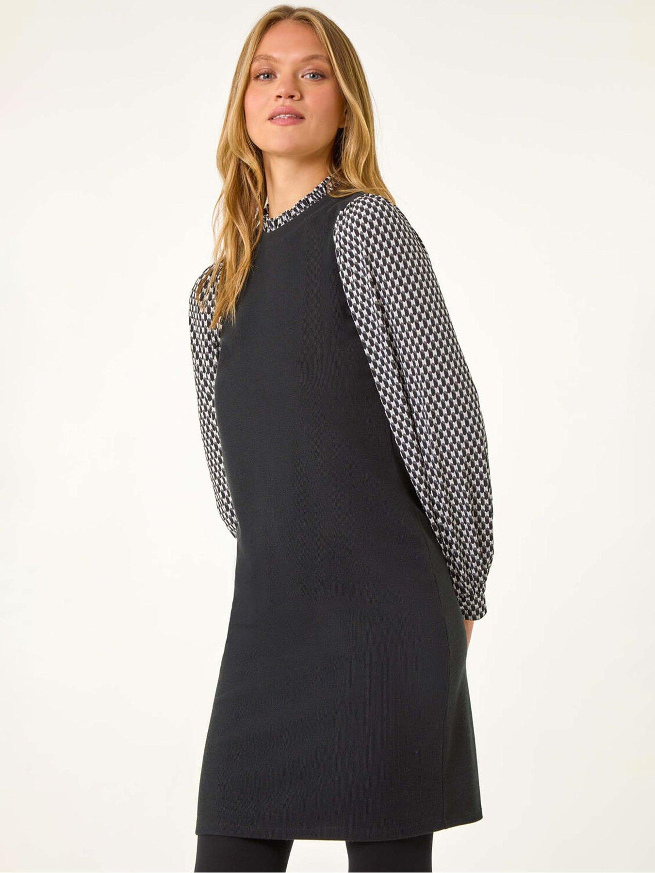 roman-geometric-contrast-knit-dress-black