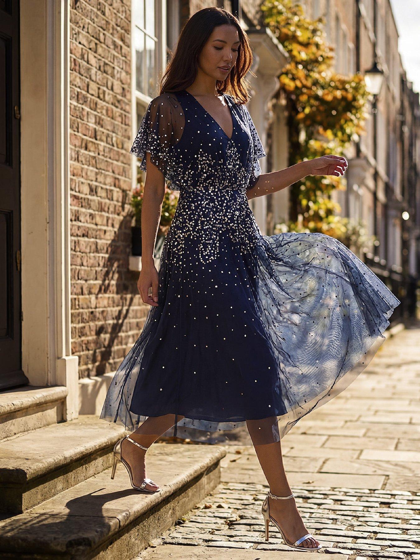 Roman Embellished Angel Sleeve Midi Dress - Navy