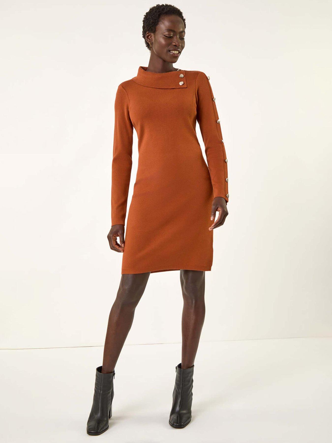 Roman Button Detail Roll Neck Jumper Dress - Copper