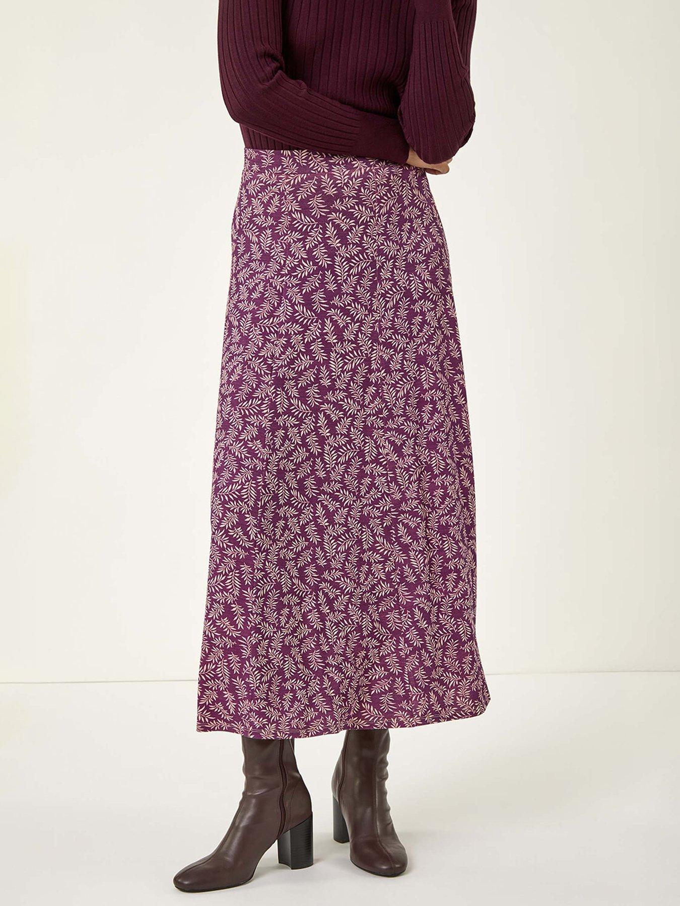 Roman Sprig Leaf Stretch Midi Skirt - Bordeaux