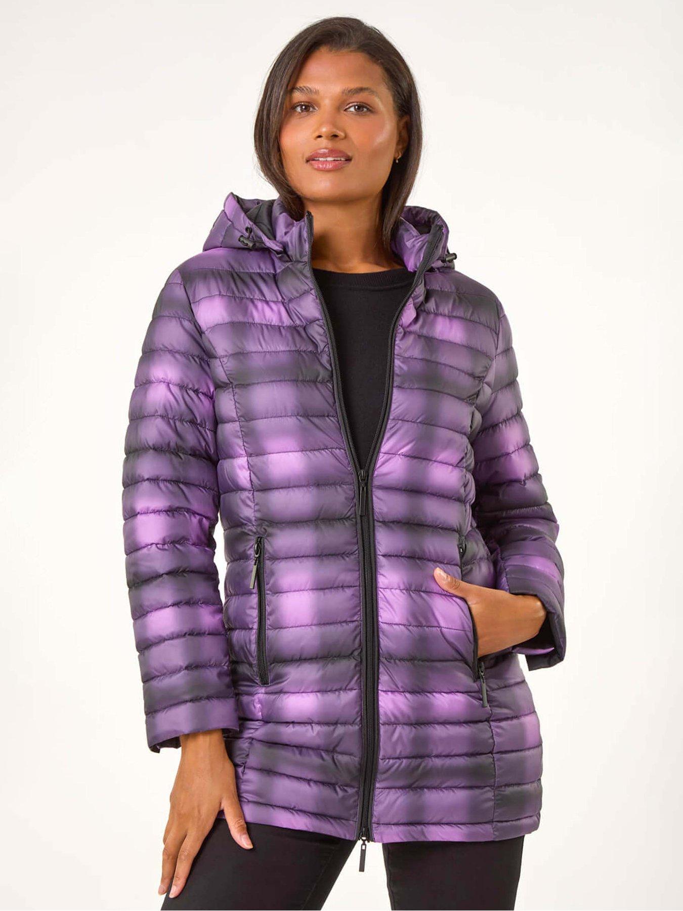Roman Check Print Quilted Puffer Coat - Purple