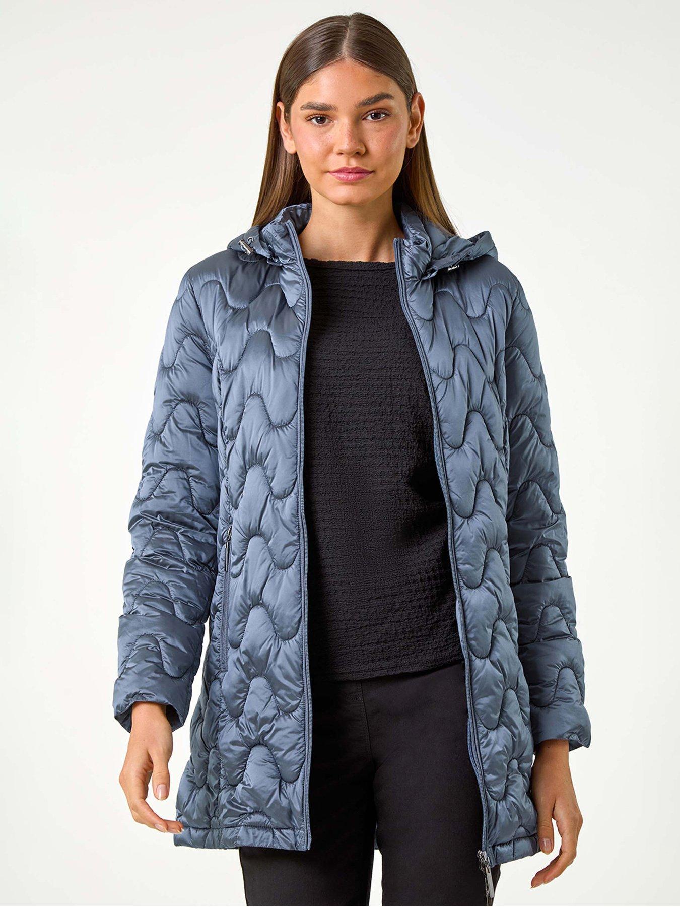 Roman Wave Quilted Puffer Hooded Coat - Steel Blue