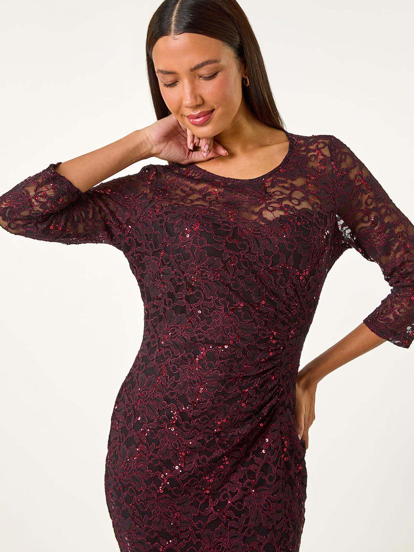 roman-sequin-lace-ruched-stretch-dress-wineoutfit
