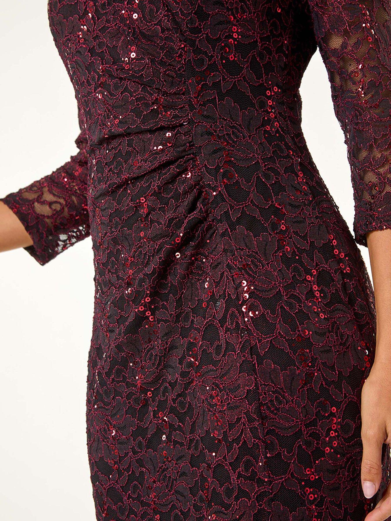 roman-sequin-lace-ruched-stretch-dress-winedetail