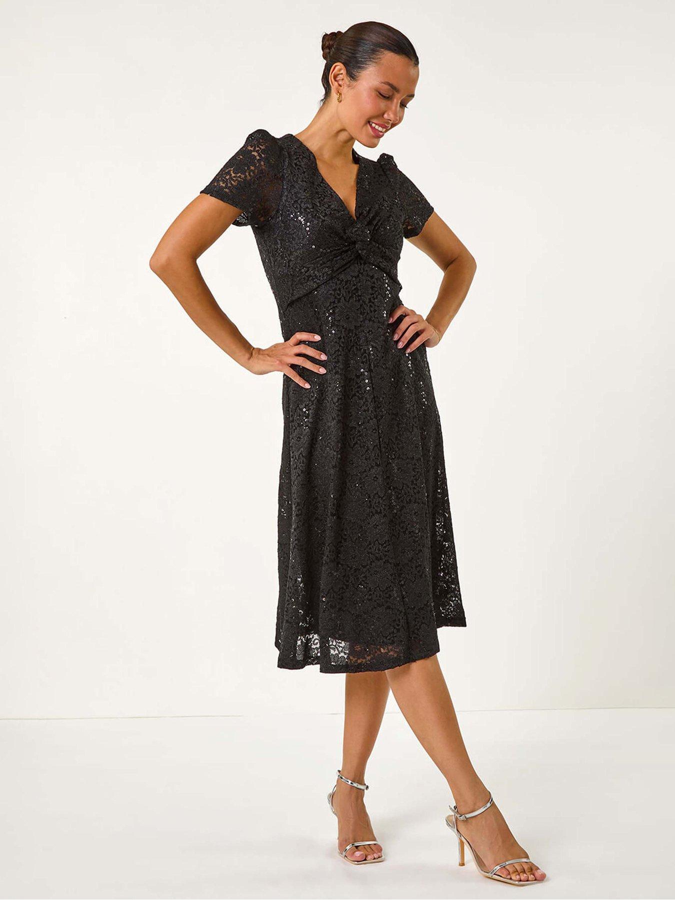 roman-sequin-lace-twist-front-midi-dress-black