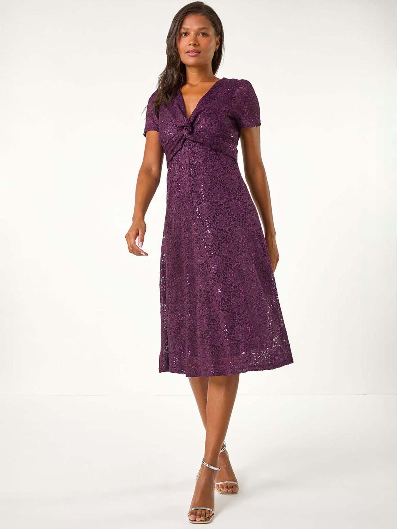 roman-sequin-lace-twist-front-midi-dress-purple