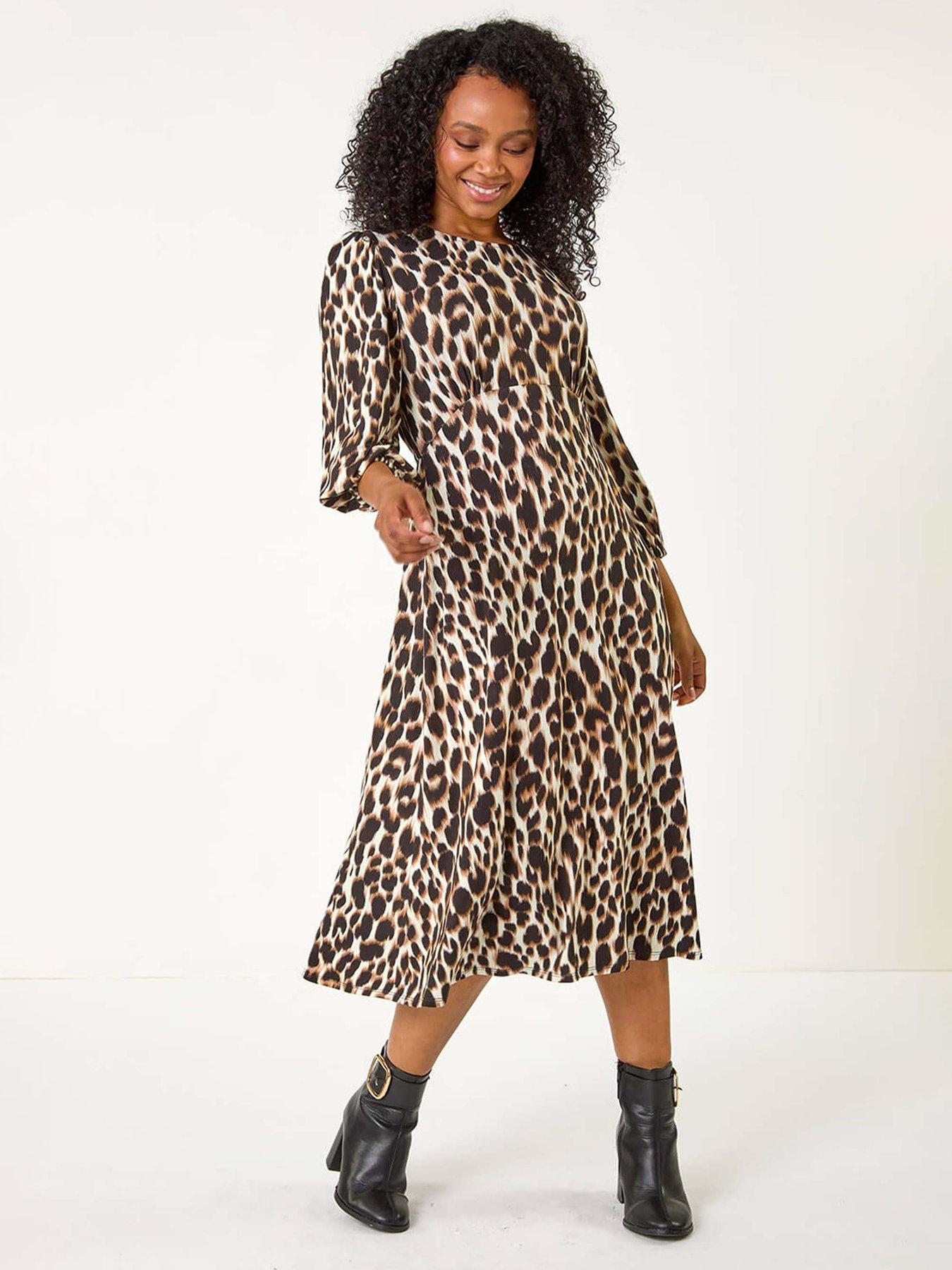 roman-petite-animal-print-stretch-midi-dress-black
