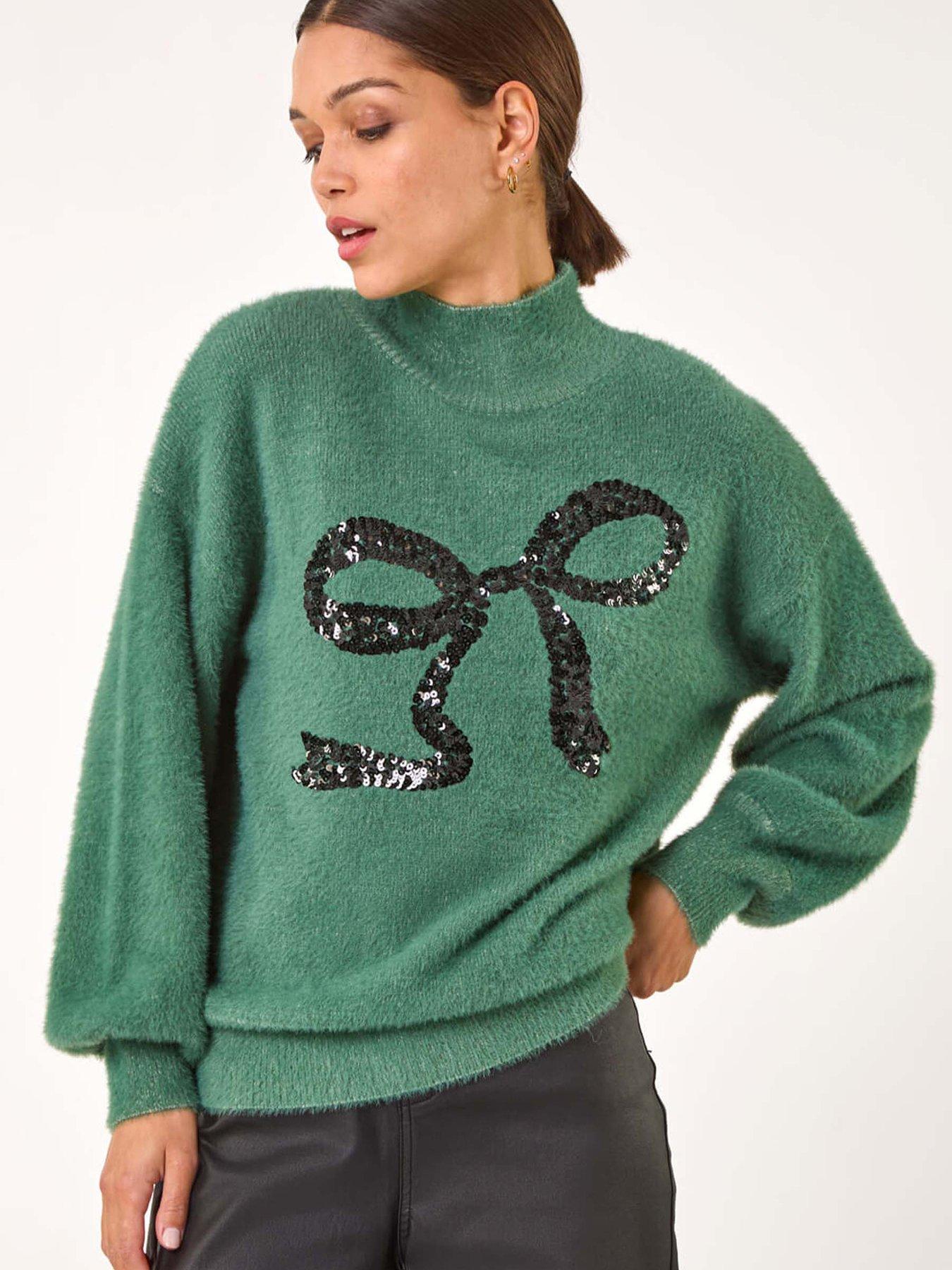 Roman Festive Sequin Bow Knit Jumper - Green