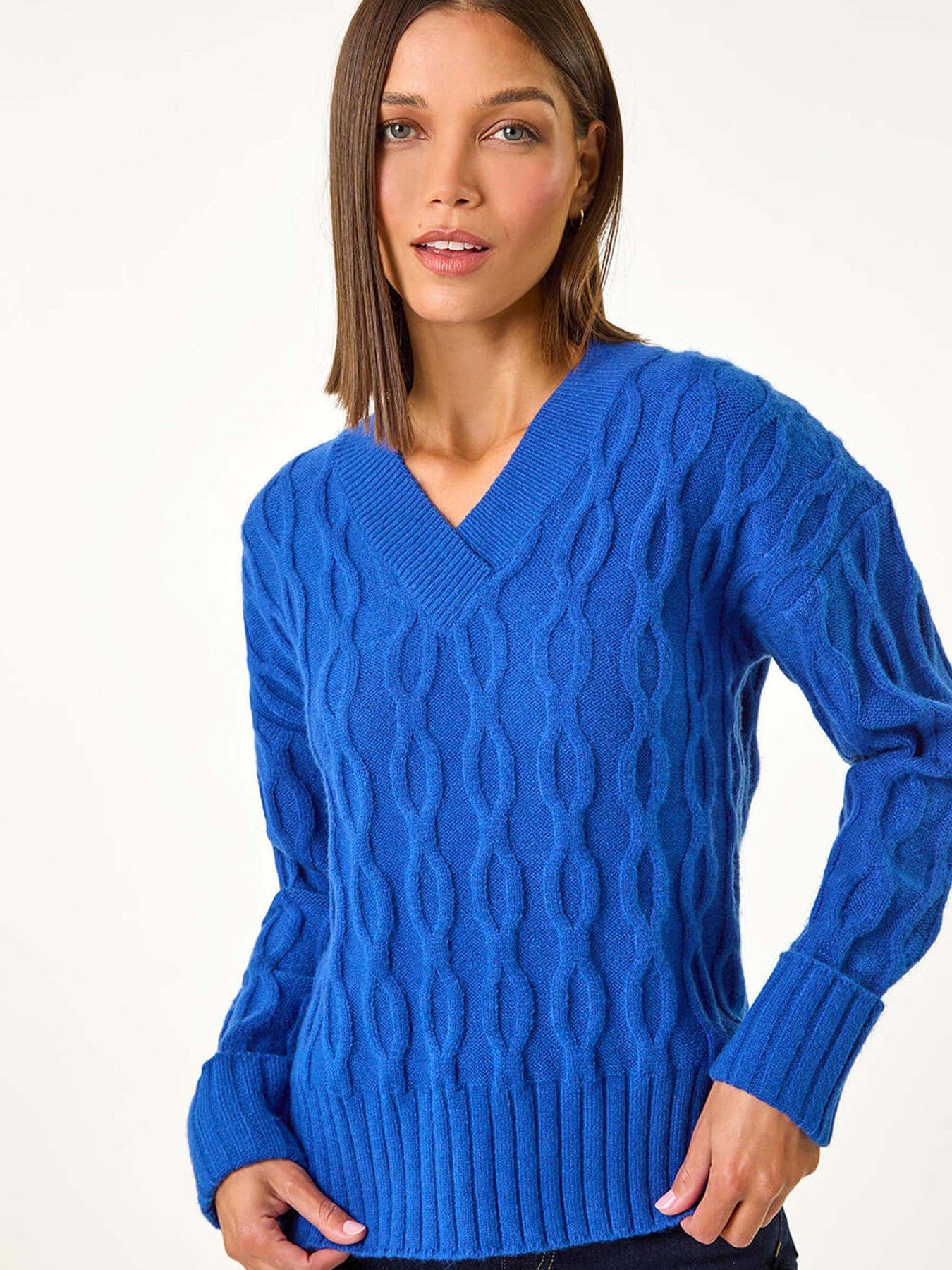 Roman V-neck Cable Knit Jumper - Royal Blue