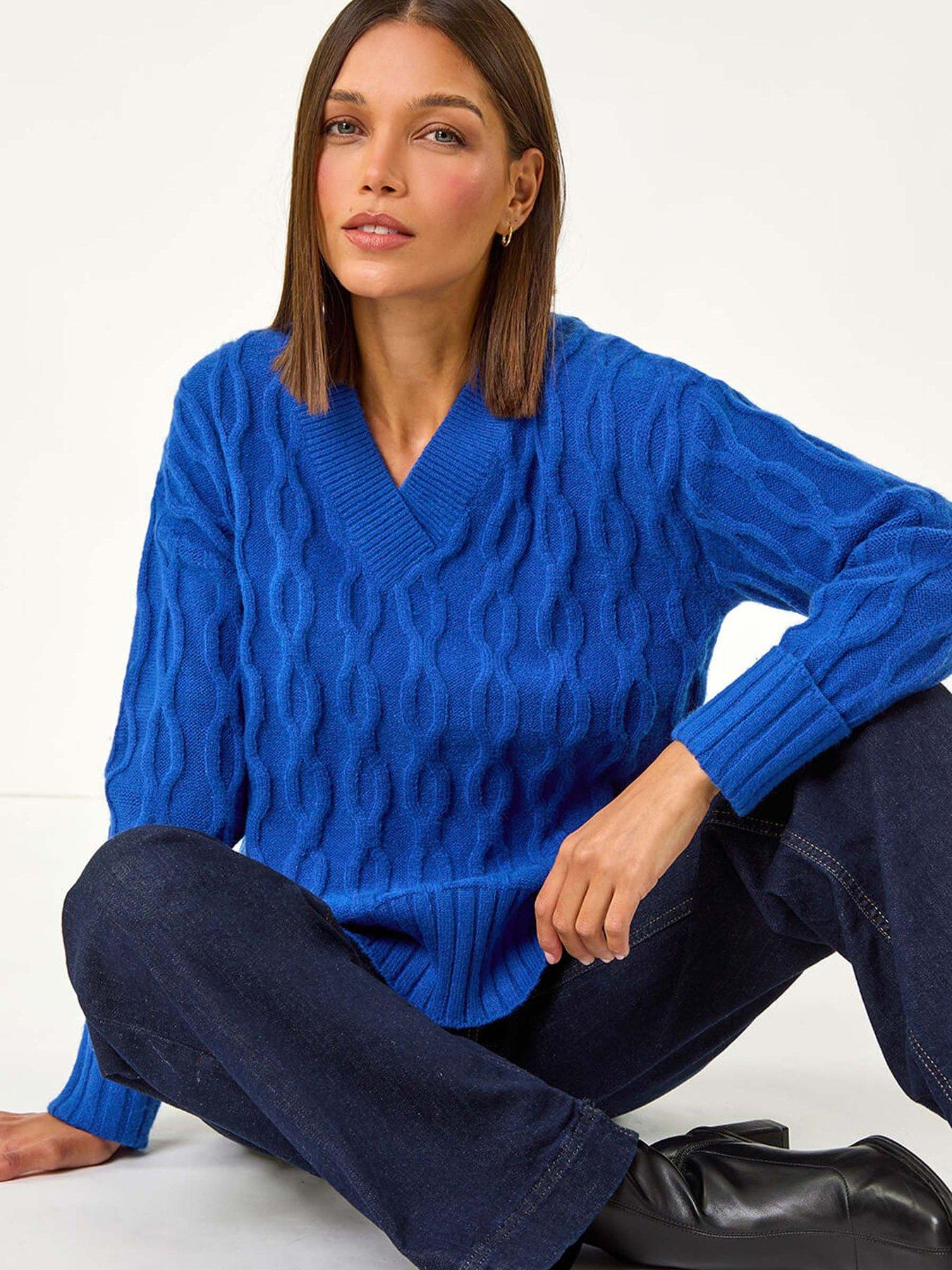 roman-v-neck-cable-knit-jumper-royal-blueoutfit