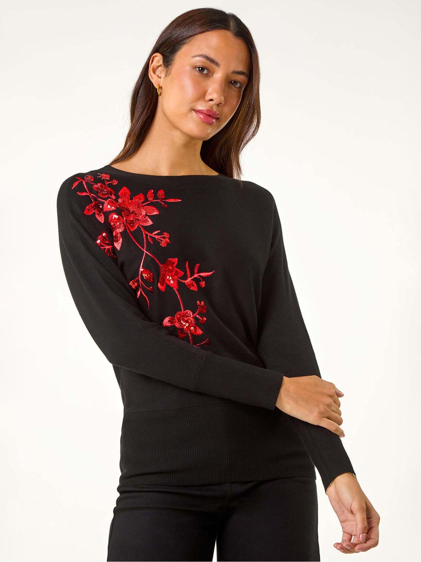 Roman Sequin Floral Knitted Jumper - Black